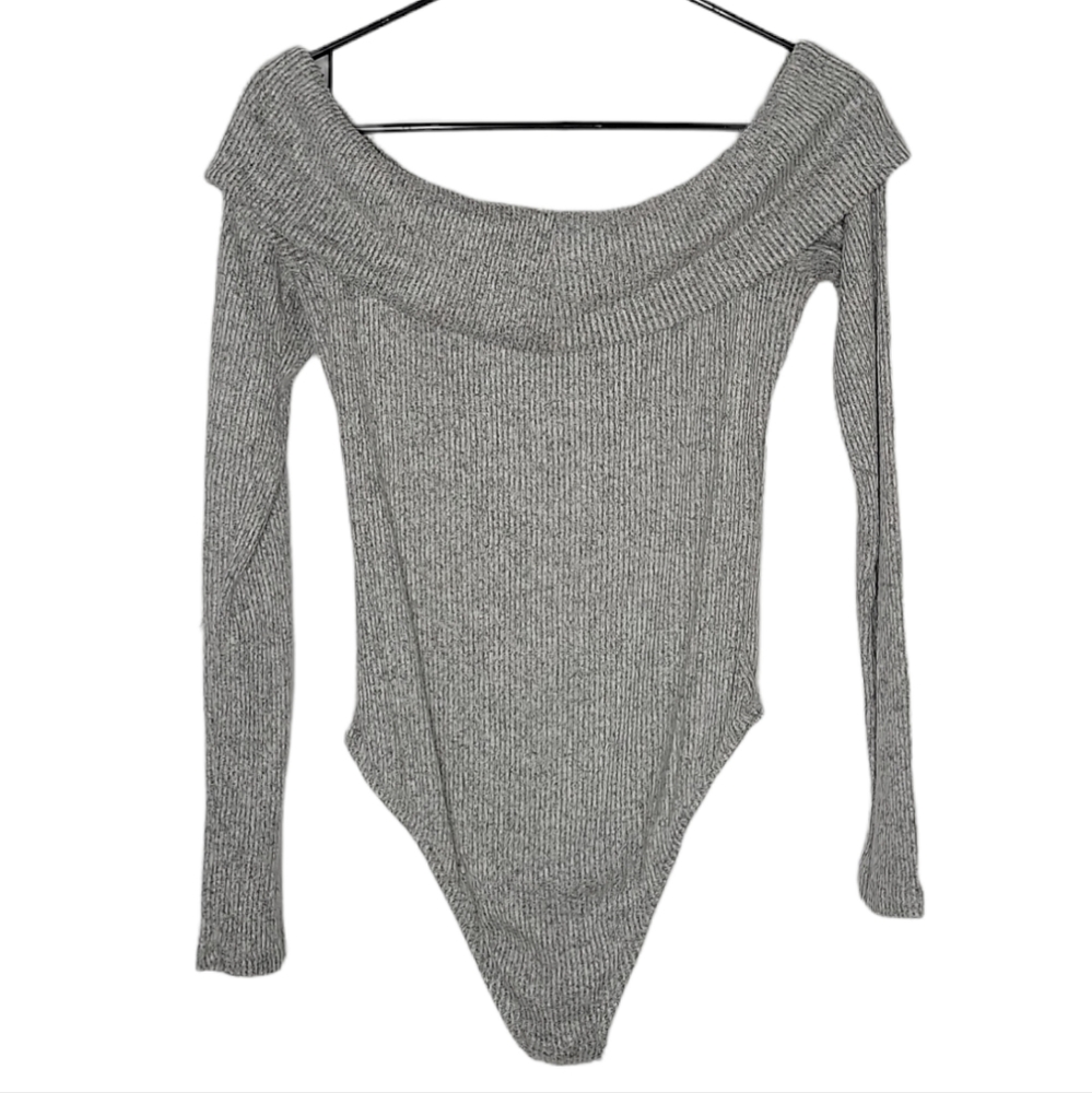 Out From Under Gray Ribbed Knit Long Sleeve Off the Shoulder Bodysuit - Picture 3 of 7